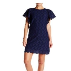JCrew Navy Eyelet Dress With Flutter Sleeves & Scalloped Hem Short Dress Sz 8